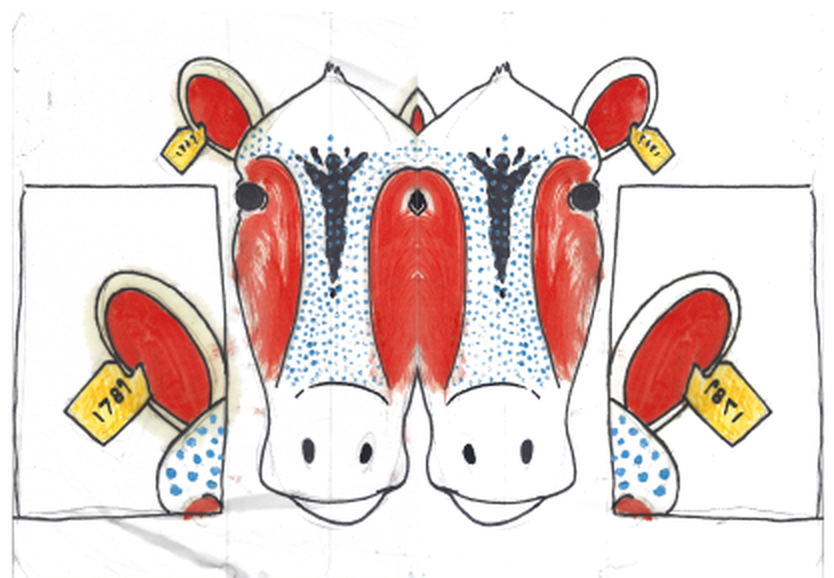 Mirrored cow drawing with ear tags