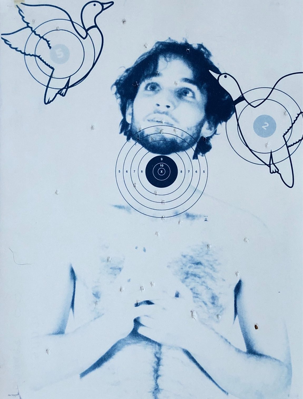 Cyanotype: masked figure on a shooting target
