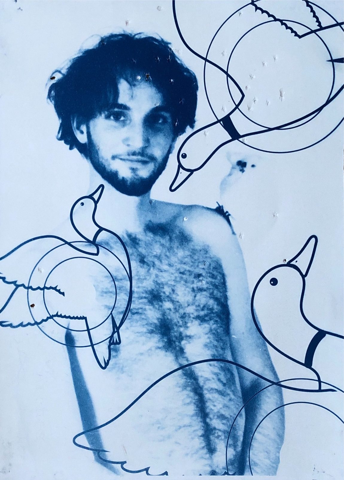 Cyanotype: upward gaze with a bullseye at the throat
