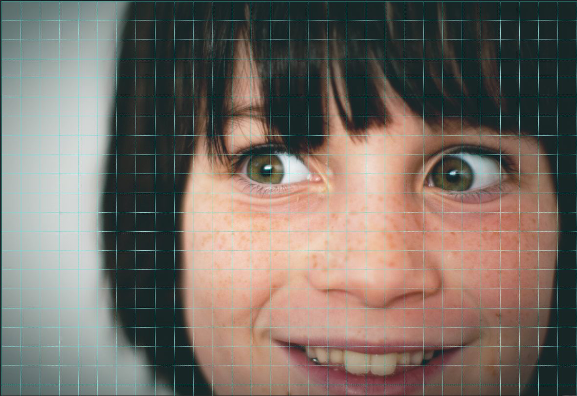 Portrait with cyan grid overlay